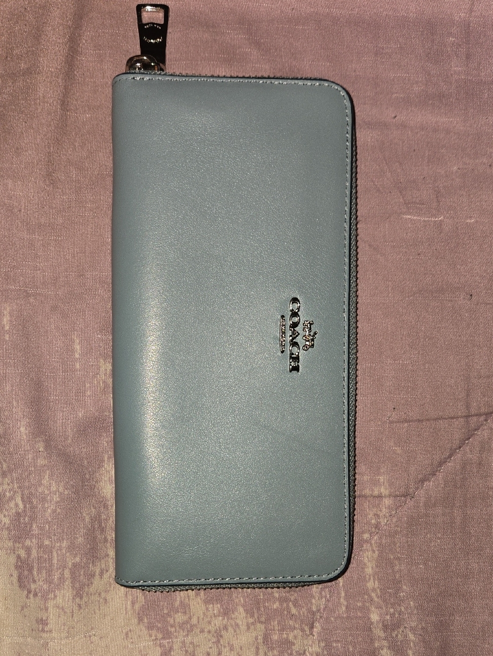 Coach Leather Zip Wallet in Pale Blue with Silver Hardware
